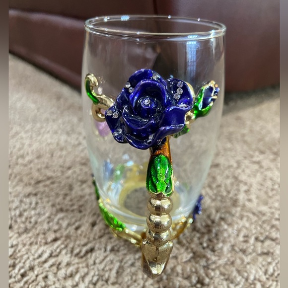 ARC of France Glass Coffee Tea Handled Cup Jeweled Enamel Blue Rose Butterfly - Picture 2 of 10